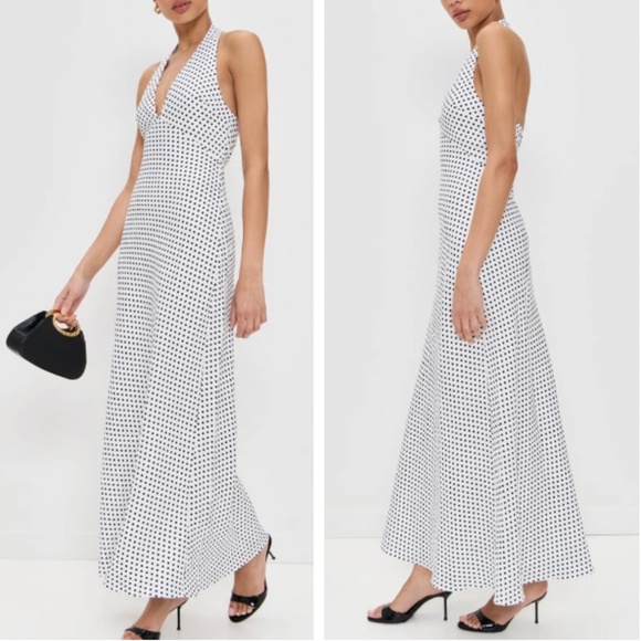 BEST Reformation Delilah Linen Maxi Dress Eclipse Dot Polka Dot Vacation Halter - Picture 2 of 11